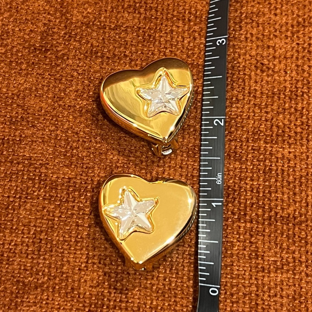 Gold Heart Clip On Earrings with Star Design